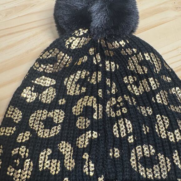 Jocelyn Womens Metallic Leopard Print Pompom Beanie Hat Black Faux Fur - Picture 3 of 7